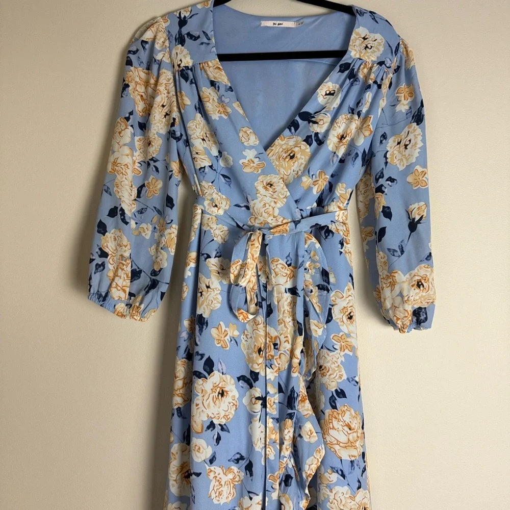 Mi Ami Women's Blue Yellow Floral Wrap Hi Low Midi Dress Size M - Picture 3 of 14